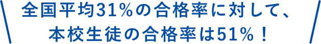全国平均31%の合格率に対して、本校生徒の合格率は51%!